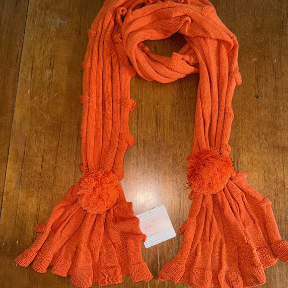 Cozy Bright Orange Knit Scarf with Pom Pom Ends - Picture 3 of 5